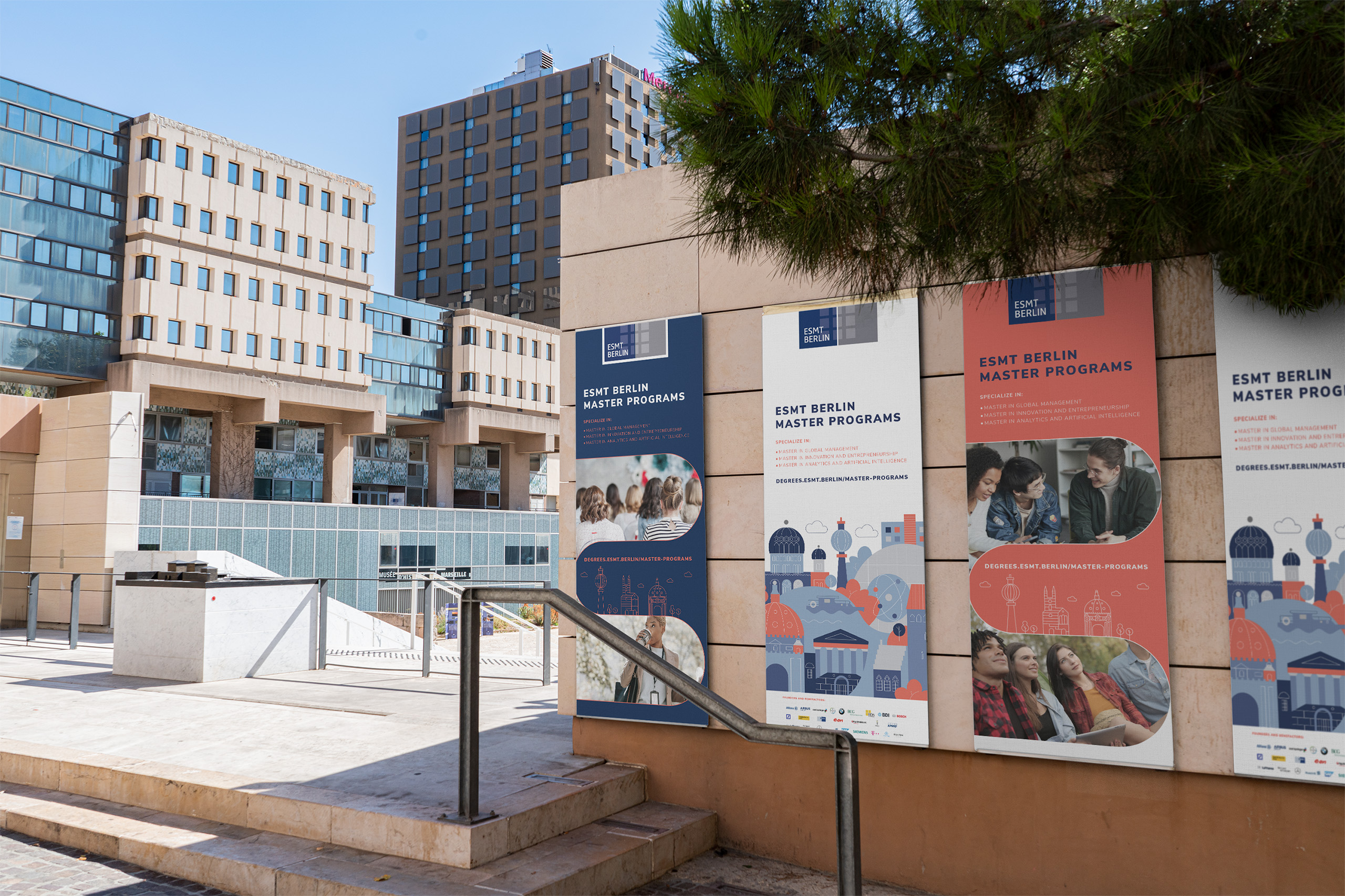 Several advertising boards showcasing the new master programs and what was offered. These were showcased around the ESMT Berlin campus