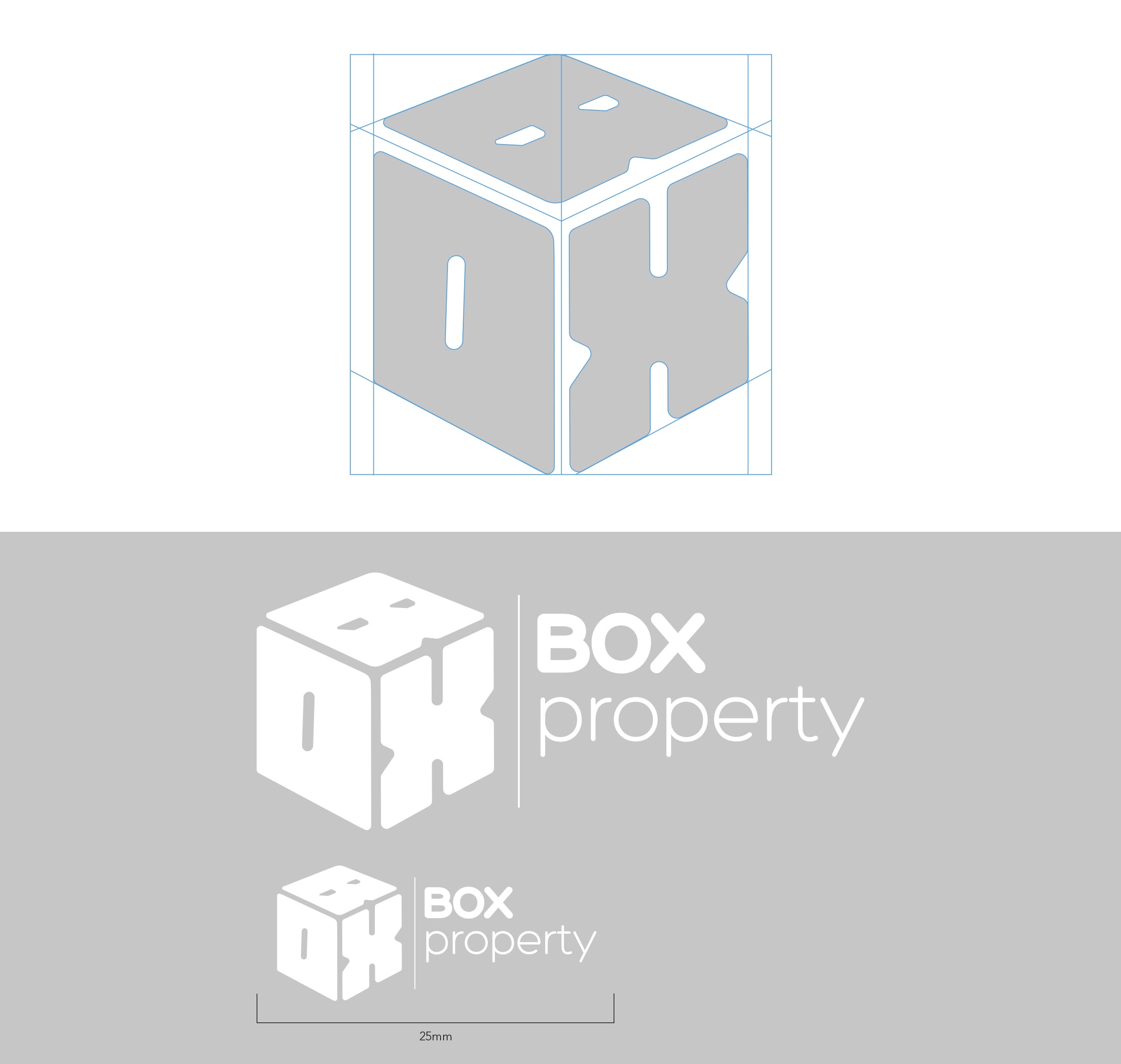 An insight into how the Box Property logo was created. This shows the design lines and the minimum size the logo can be displayed at