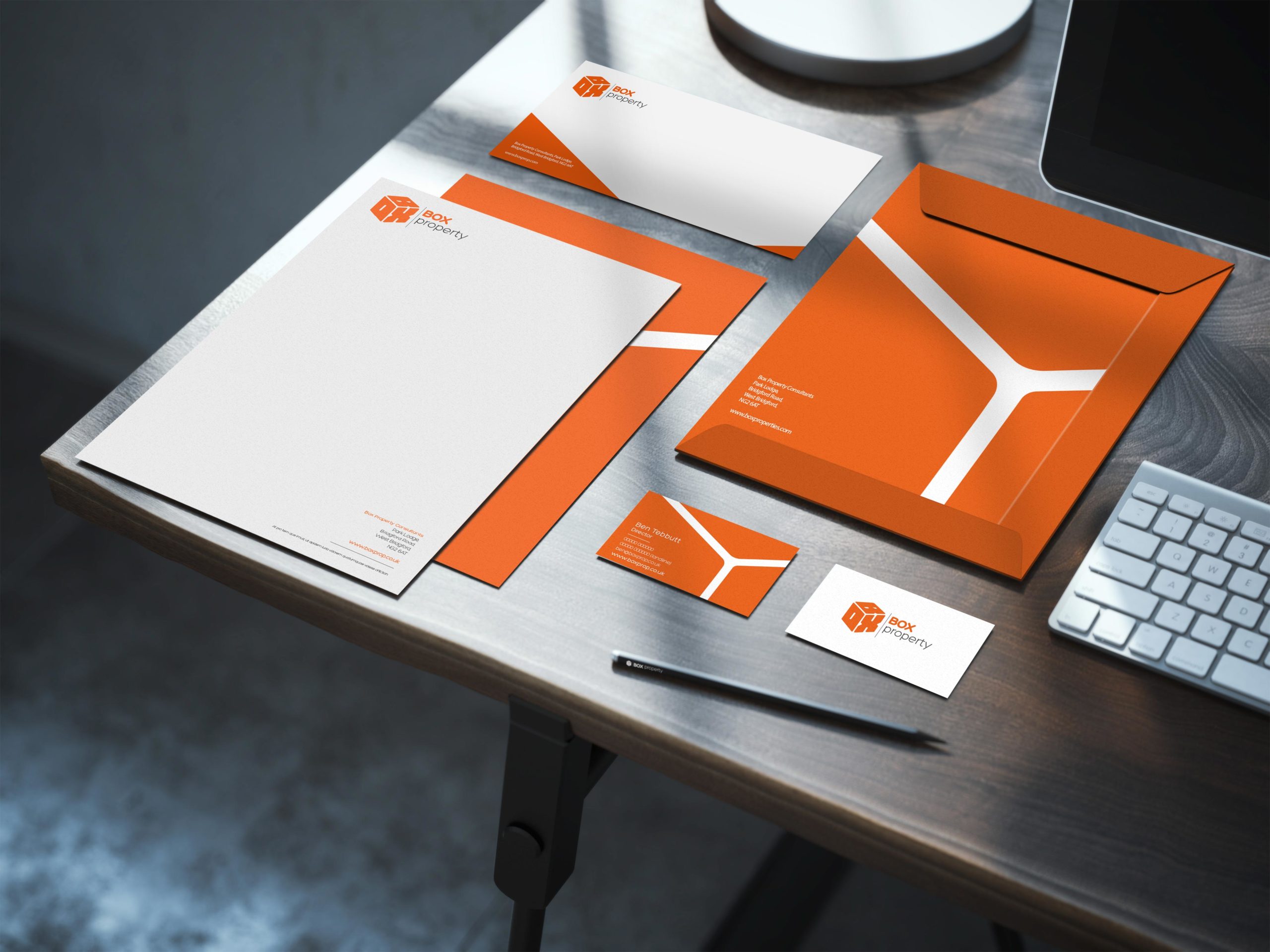 A mock-up showing the full Box Property stationary design and how it all compliments each other