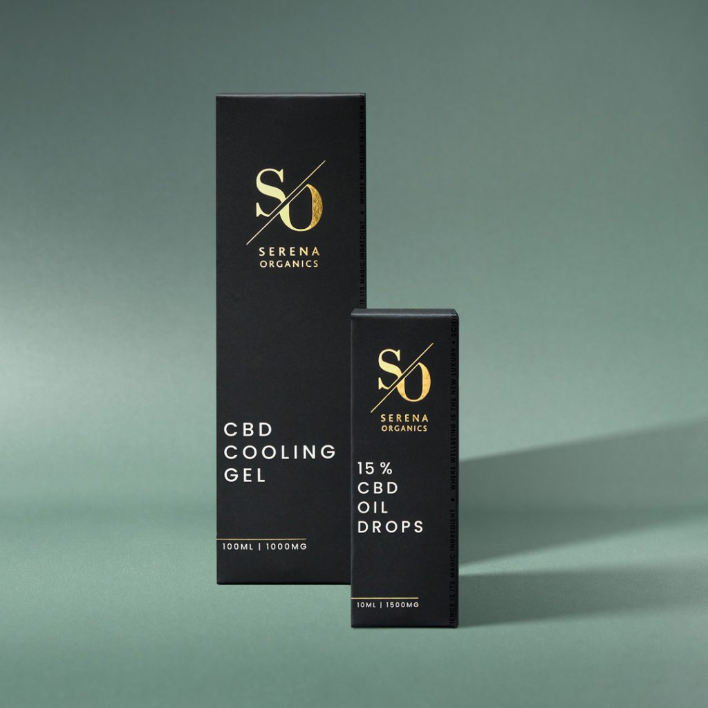 The Serena Organics packaging design for CBD cooling gel and oil drops