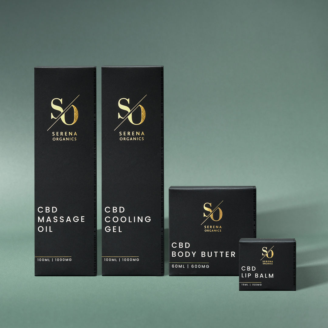 The Serena Organics packaging design for CBD cooling gel, massage oil, body butter and lip balm