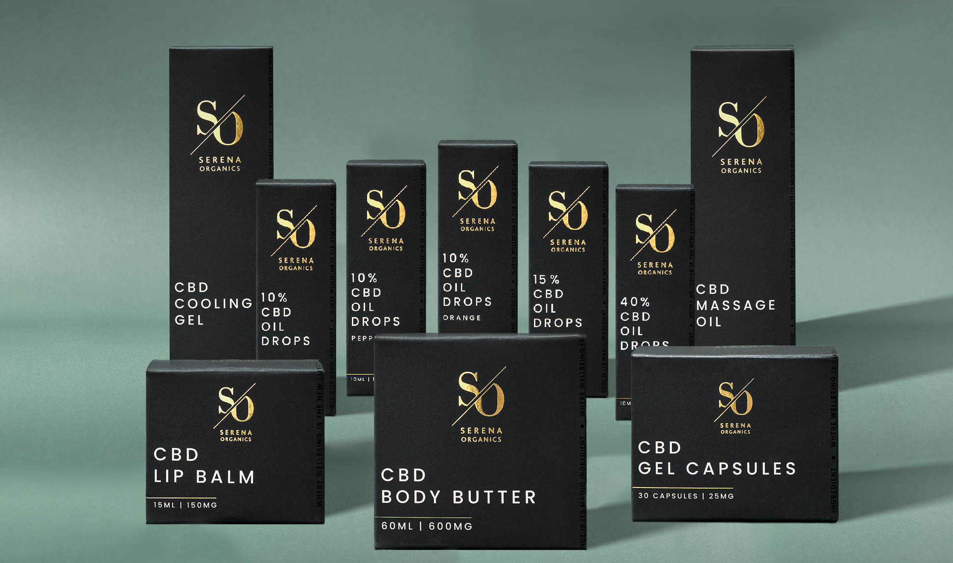 The full Serena Organics products lined up next to each other
