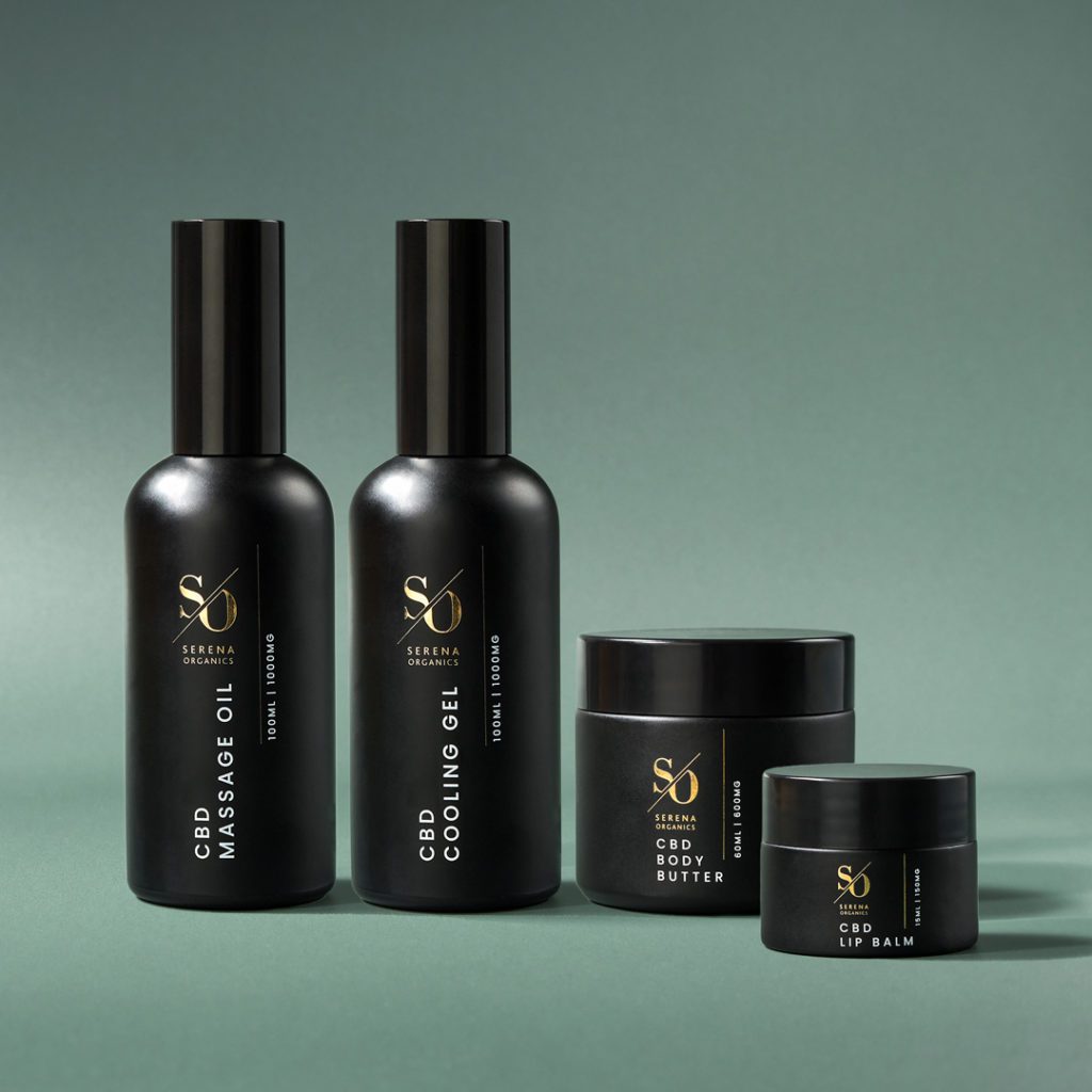 The Serena Organics packaging design for CBD cooling gel, massage oil, body butter and lip balm