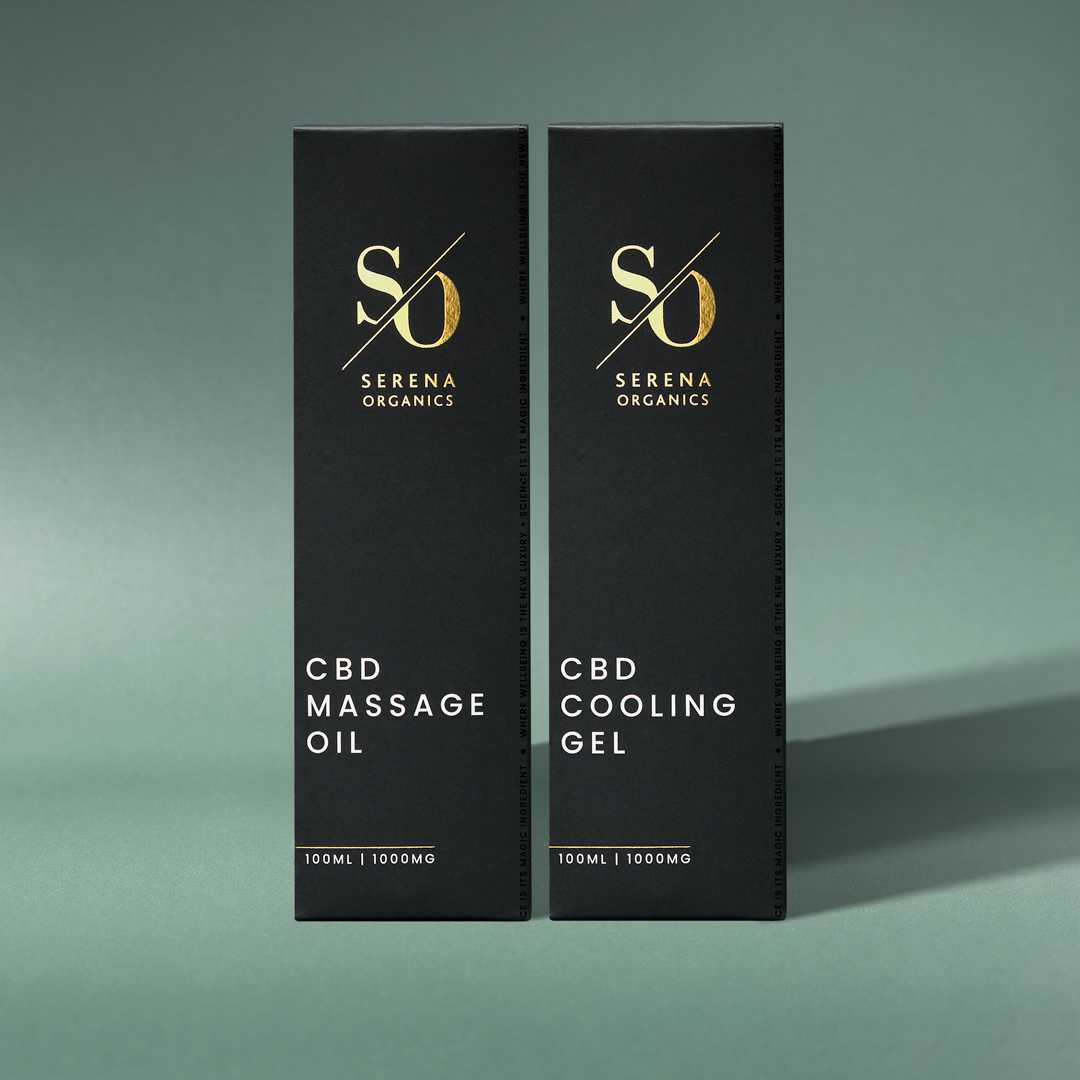 The Serena Organics packaging design for CBD cooling gel and massage oil