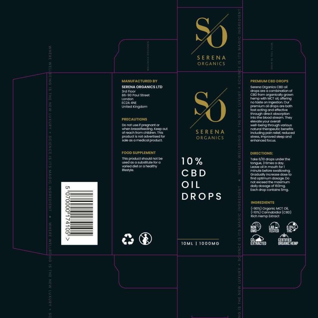 A packaging design for Serena Organics which shows the net pre-production