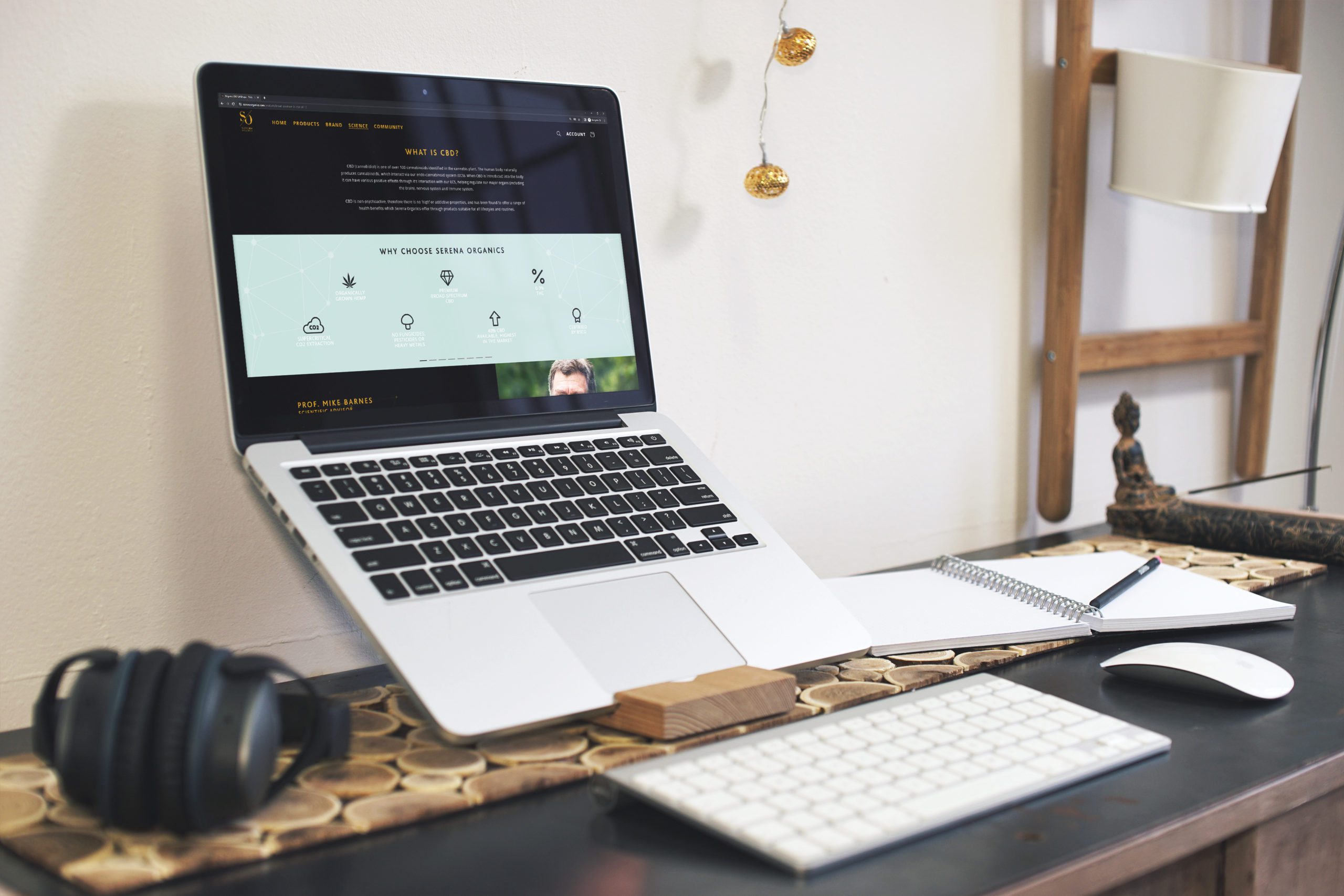 A laptop showing the science page of the new Serena Organics website
