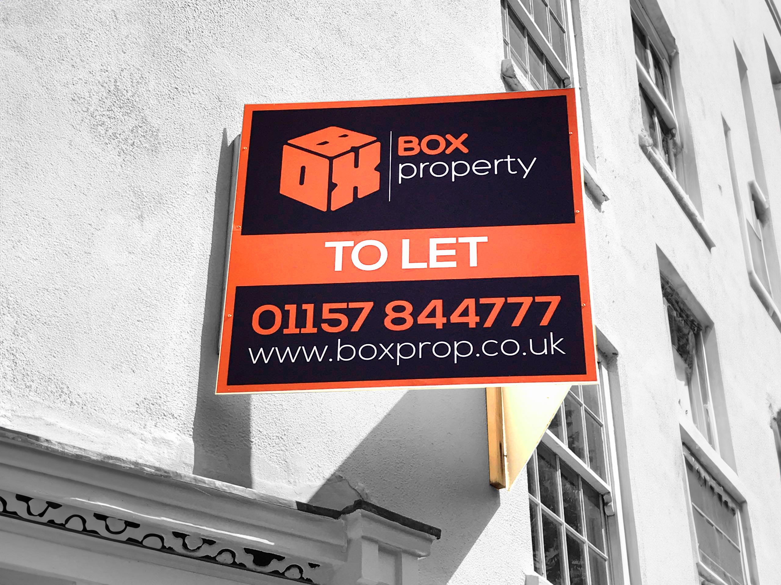 The Box Property To Let board which we designed showcased within Nottingham