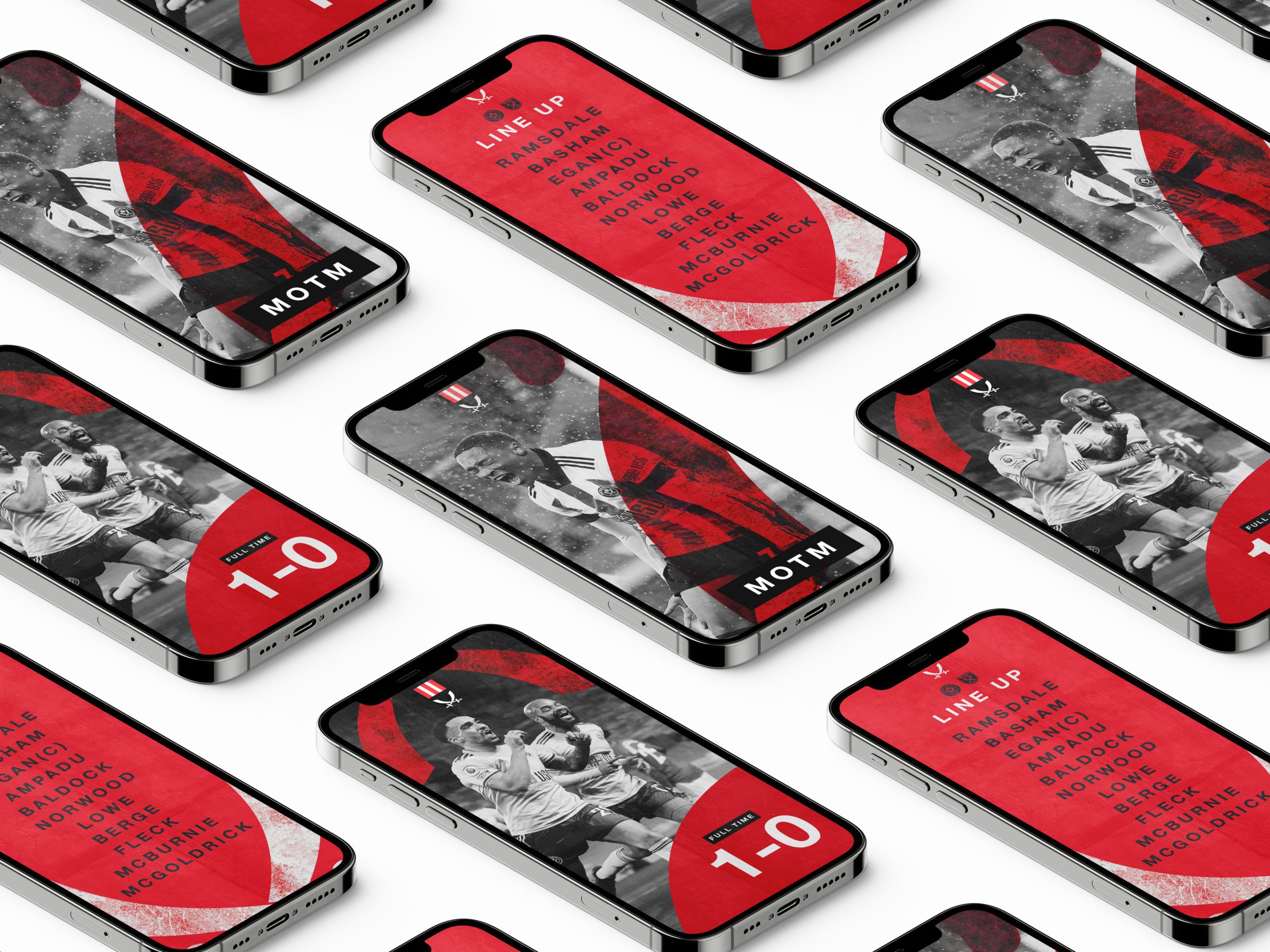 A mock-up showing various mobile designs to be showcased over various social platforms. The designs feature team line ups, man of the match and full time results