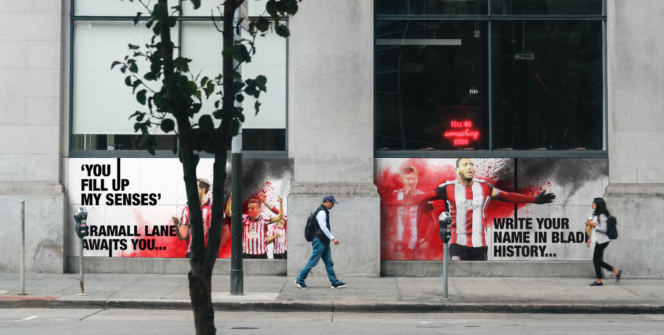 Large format graphics showcasing the Sheffield United players and song lyrics. The graphics were used in the local supporters bar