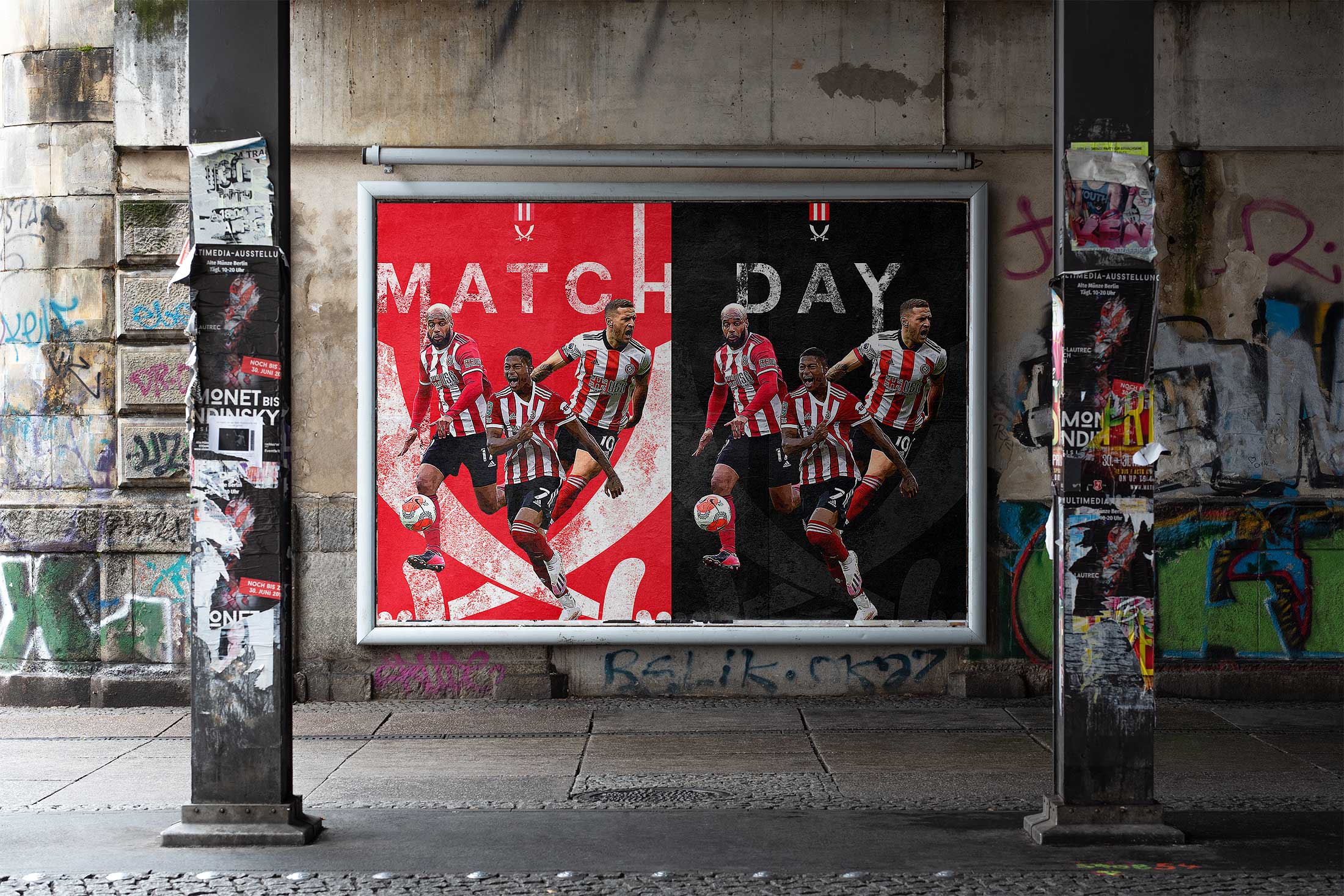 A billboard under a bridge showcasing the design PWF Studio created for a Sheffield United Match Day