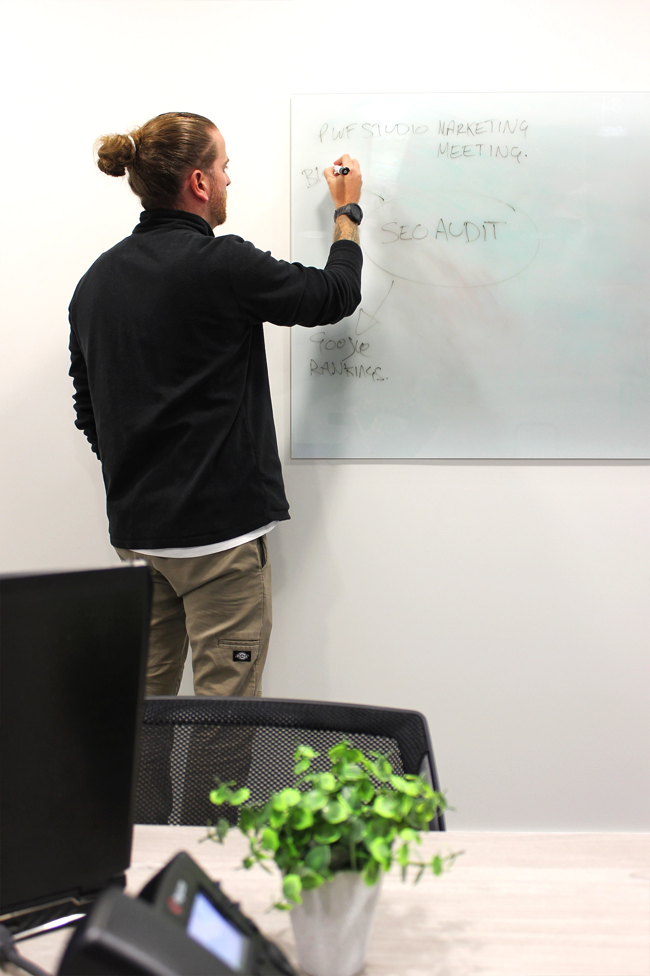 The founder of PWF Studio taking part in a client marketing meeting