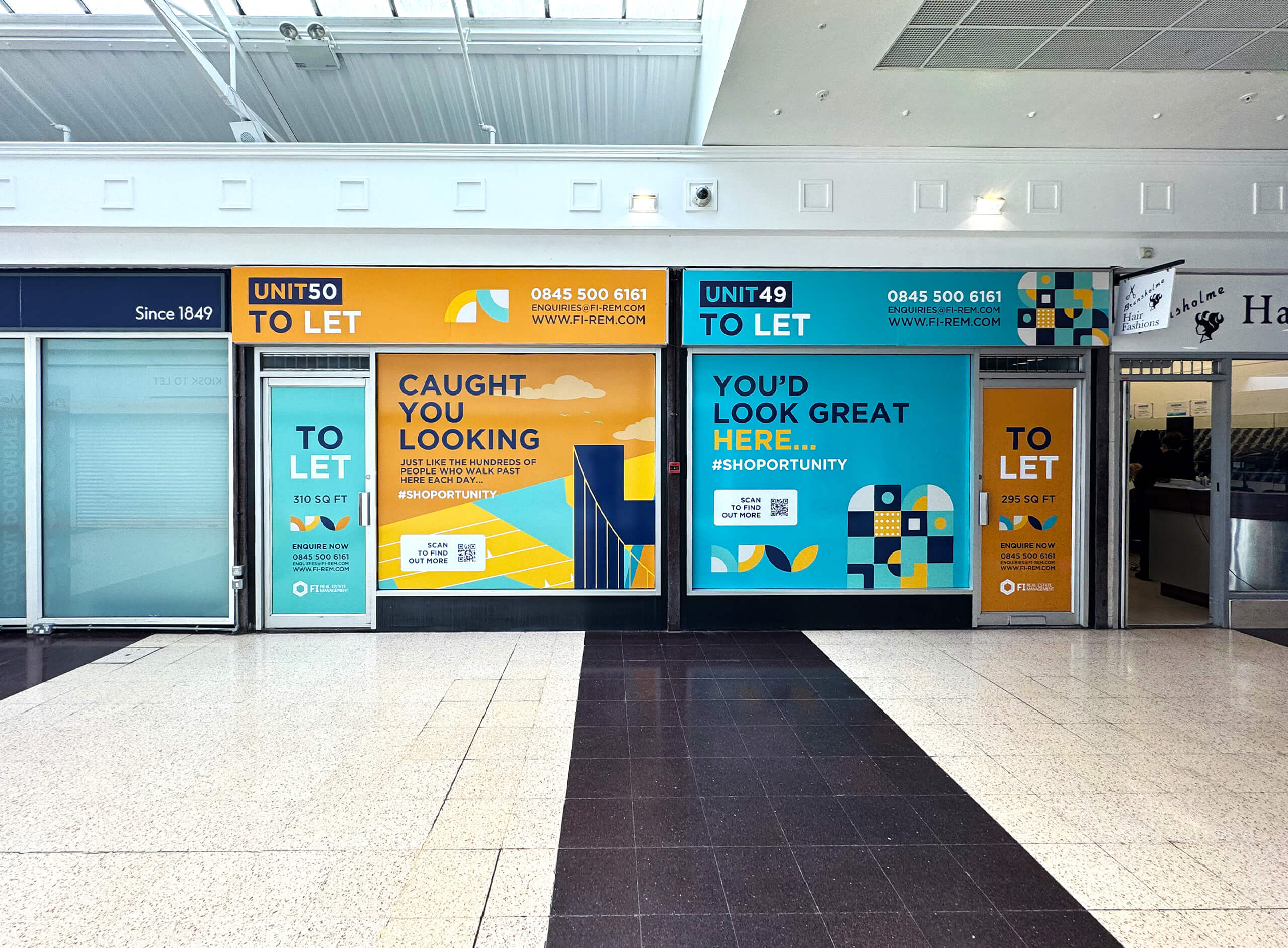 North Point Shopping Centre window graphics showcasing two side by side units for rent.
