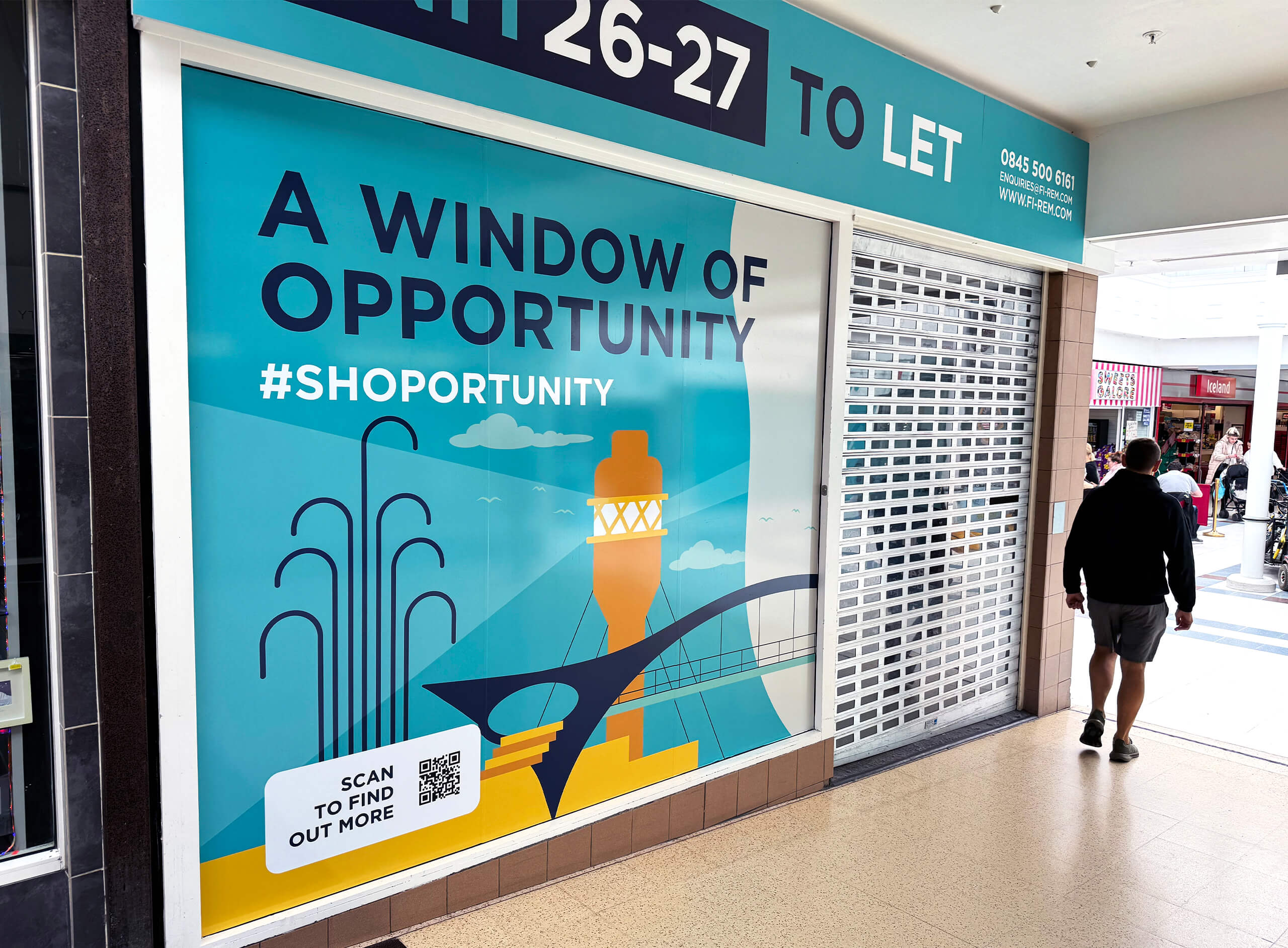 North Point Shopping Centre window graphics showcasing a unit for rent. The Graphic reads 'A Window of Opportunity'