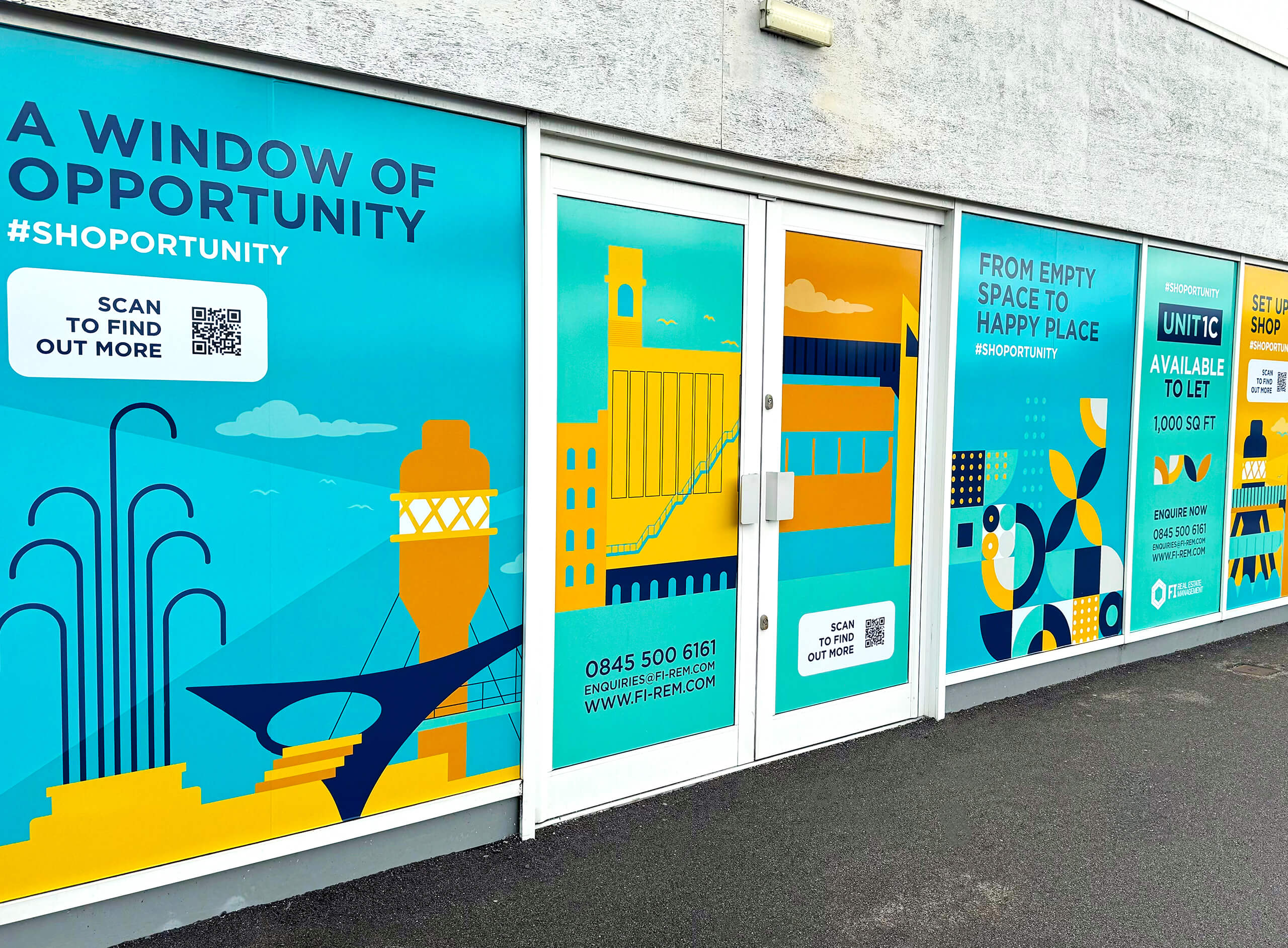 North Point Shopping Centre external vibrant window graphics showcasing a unit for rent.