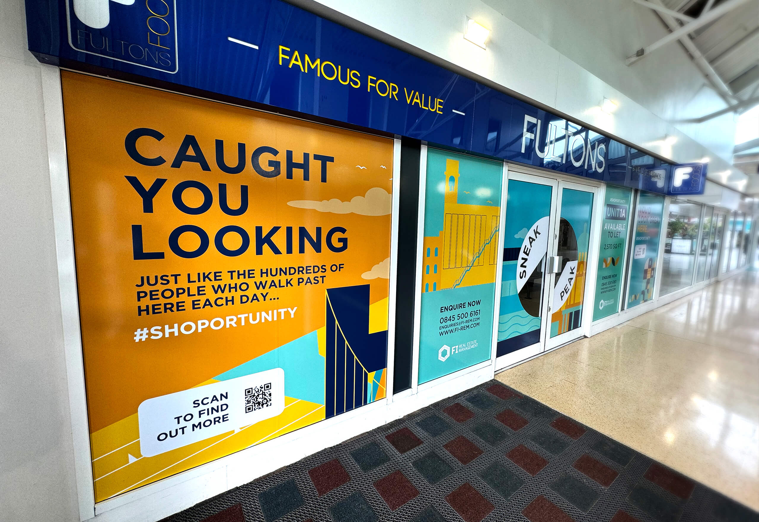 North Point Shopping Centre window graphics showcasing a unit for rent.