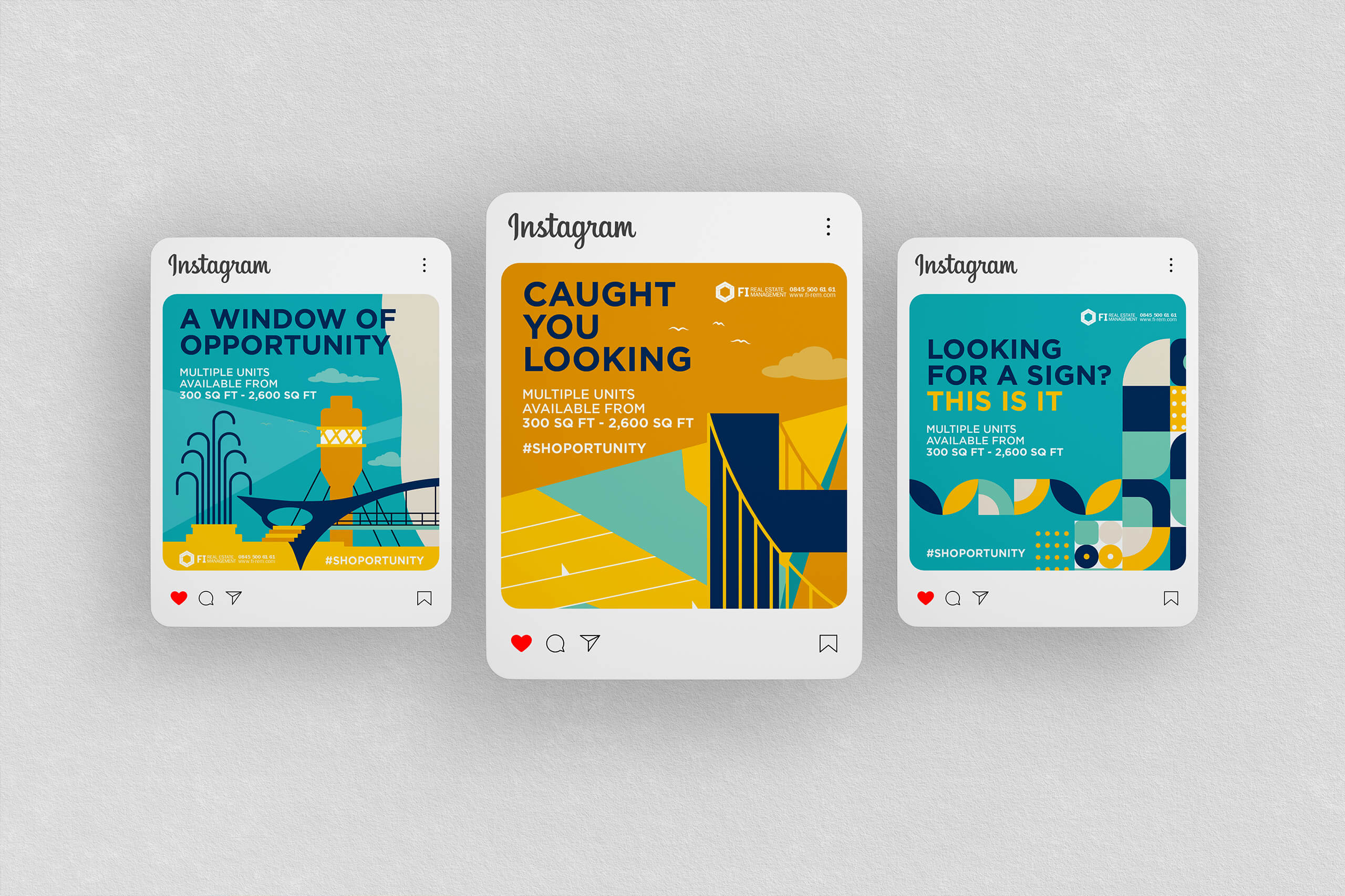 A mock-up of three Instagram posts showing the designs PWF Studio created for FI-Real Estate social channels.